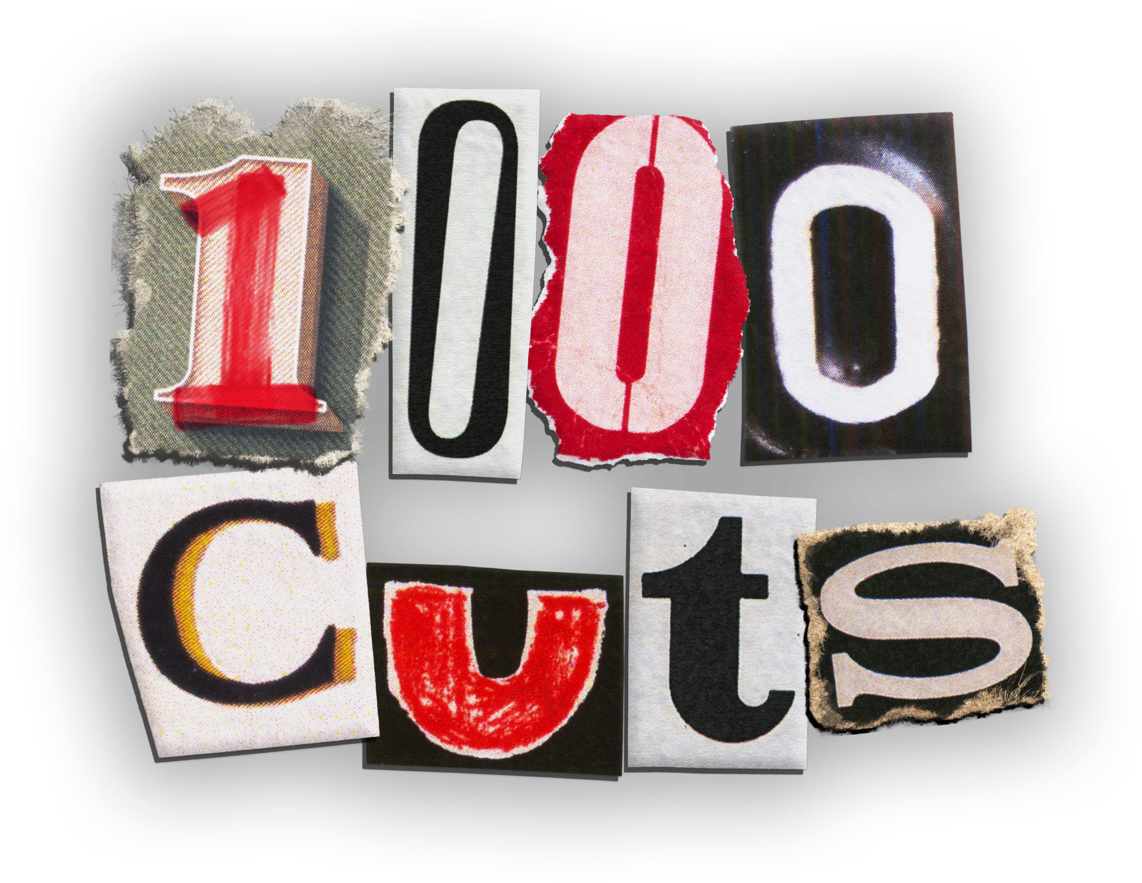 1000 Cuts Logo The title is spelled out in letters cut from old magazines. Behind the letters, black marker lines fan out in all directions. The shape resembles the blast marks of firecrackers on pavement.